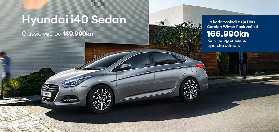 Hyundai i40 Sedan već od 149.990 kn Moderan i privlačan dizajn, efikasna i luksuzna unutrašnjost te snažan motor koji vam pruža uzbudljivu i ugodnu vožnju, sve su to značajke modela Hyundai i40.